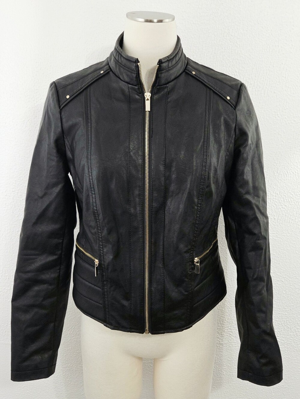 Guess fur lined faux leather moto jacket black gold biker women's Size medium M